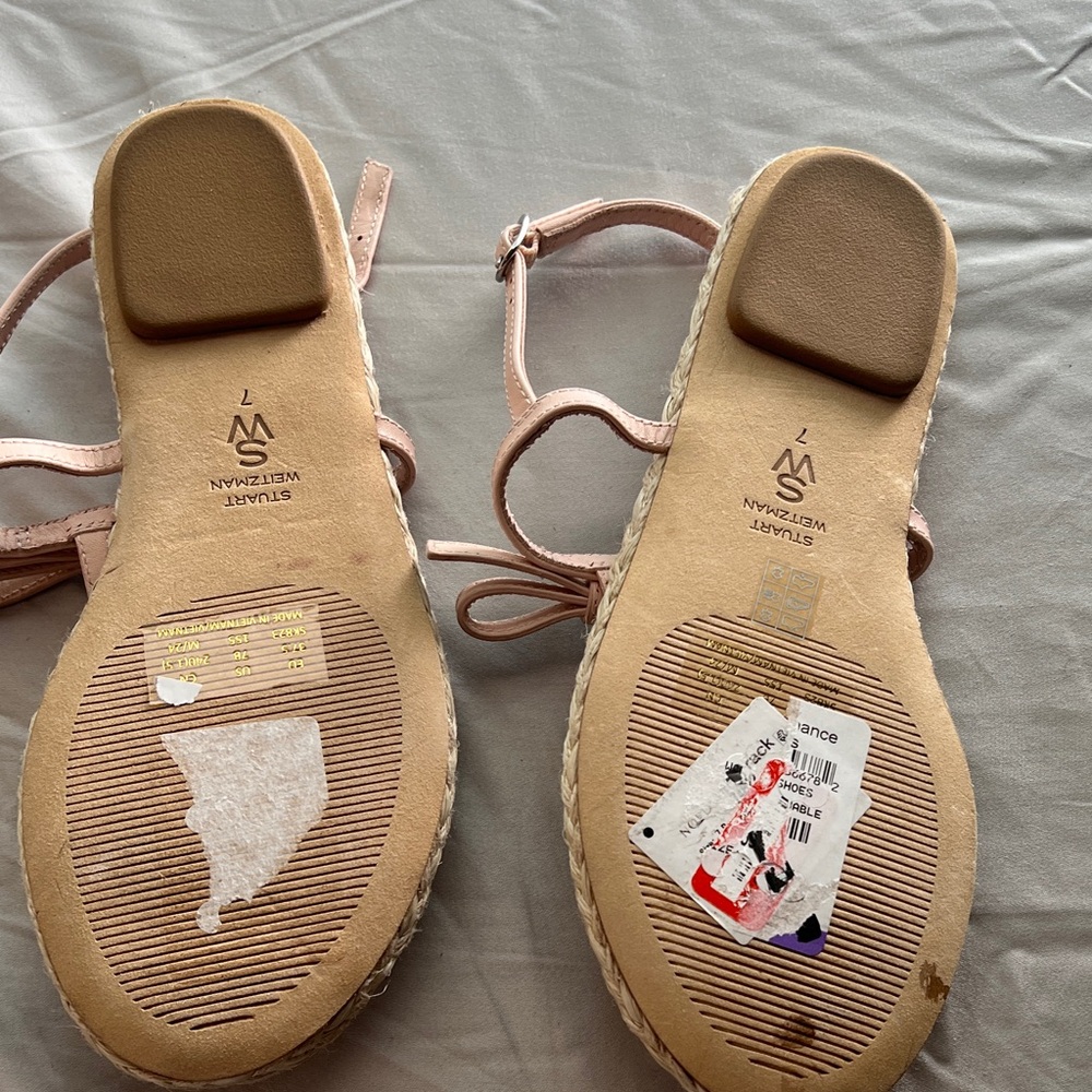 Stuart Weitzman Pink Leather Bow Espadrille Thong Sandals - Picture 2 of 5